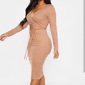 NEW PLT Shape Camel Ribbed Wrap Waist Dress | 14
